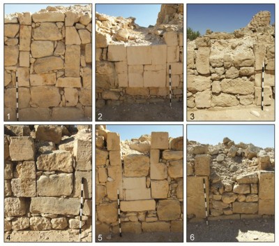 Figure 3. Six examples of sealed door openings at Shivta, including doors that are completely barricaded (1) and others that are sealed using finely dressed masonry (2–5) or small unmodified stones (6).